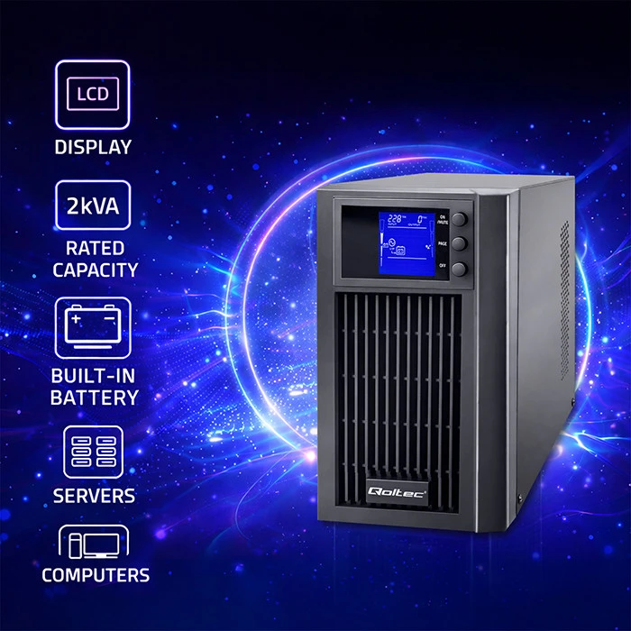 QOLTEC 53981 UPS / On line / Pure Sine Wave / 2kVA / 1,6kW / LCD / USB