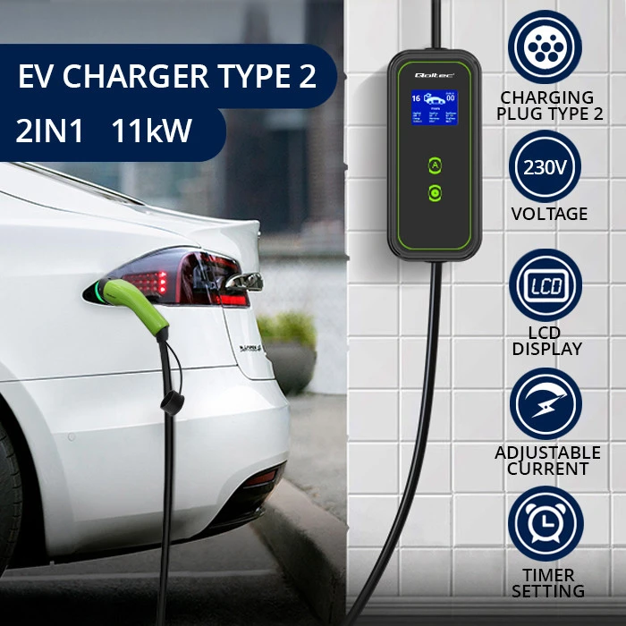 Nešiojamas reguliuojamas elektromobilių įkroviklis Qoltec 2in1 Type2 | 11kW | CEE 5 PIN | LCD | 3 fazių | Sieninė dėžutė | 5 m