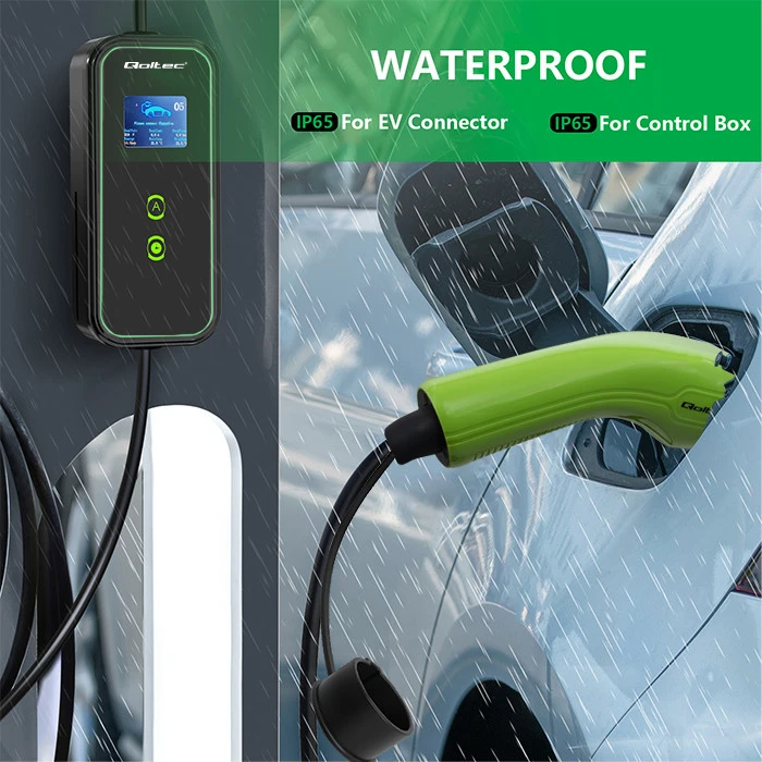 Nešiojamas reguliuojamas elektromobilių įkroviklis Qoltec 2in1 Type2 | 11kW | CEE 5 PIN | LCD | 3 fazių | Sieninė dėžutė | 5 m