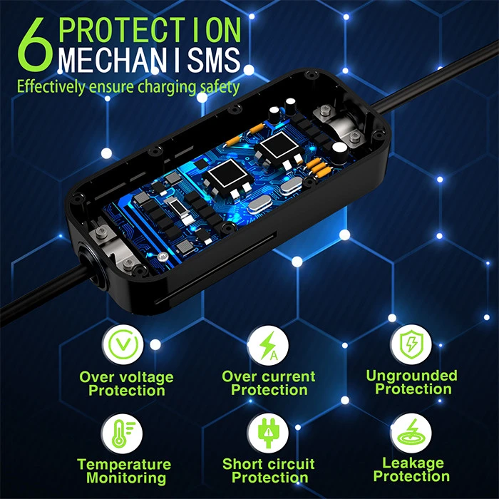 Nešiojamas reguliuojamas elektromobilių įkroviklis Qoltec 2in1 Type2 | 11kW | CEE 5 PIN | LCD | 3 fazių | Sieninė dėžutė | 5 m