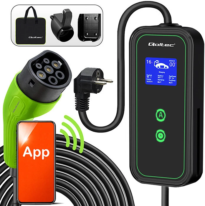 Qoltec Mobilna kroviklis automobiliui elektrinis EV su 2in1 reguliavimas Type2 | 3,5 kW | 230V | Wifi | LCD | Nešiojamas | Wallbox | 5 m