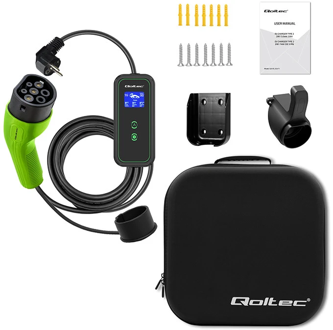 Qoltec Mobilna kroviklis automobiliui elektrinis EV su 2in1 reguliavimas Type2 | 3,5 kW | 230V | Wifi | LCD | Nešiojamas | Wallbox | 5 m