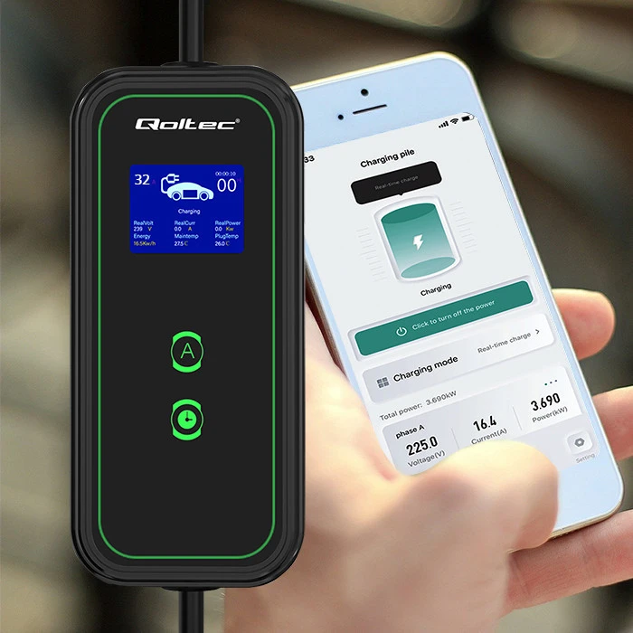 Qoltec mobilusis elektromobilių įkroviklis su 2 viename, 2 tipo reguliavimu | 7kW | 230V | CEE 3 kontaktų | „Wi-Fi“ | LCD | nešiojamas | sieninis įkroviklis | 5 m