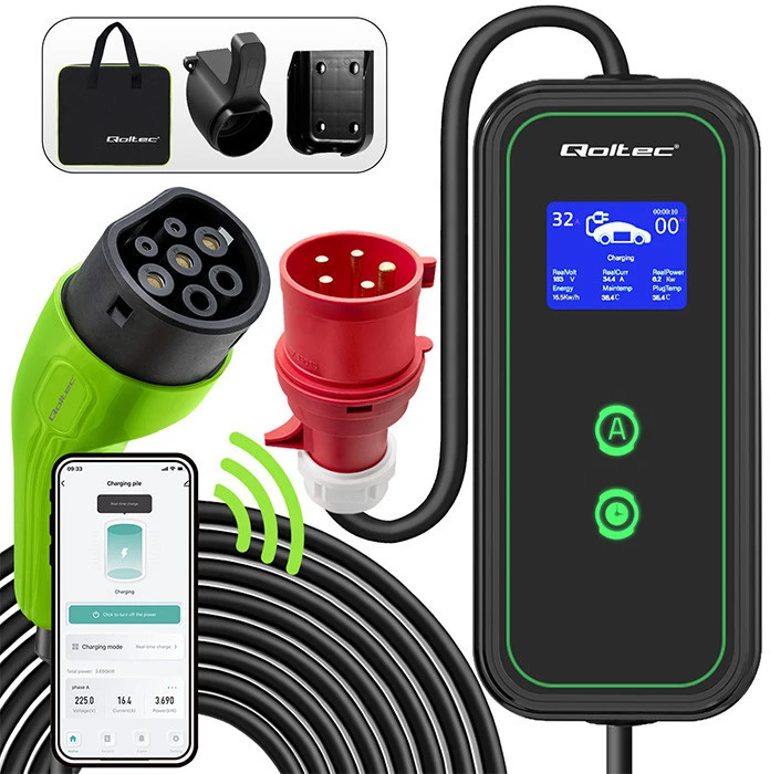Qoltec mobilusis elektromobilių įkroviklis su 2 viename, 2 tipo reguliavimu | 7kW | 230V | CEE 3 kontaktų | „Wi-Fi“ | LCD | nešiojamas | sieninis įkroviklis | 5 m