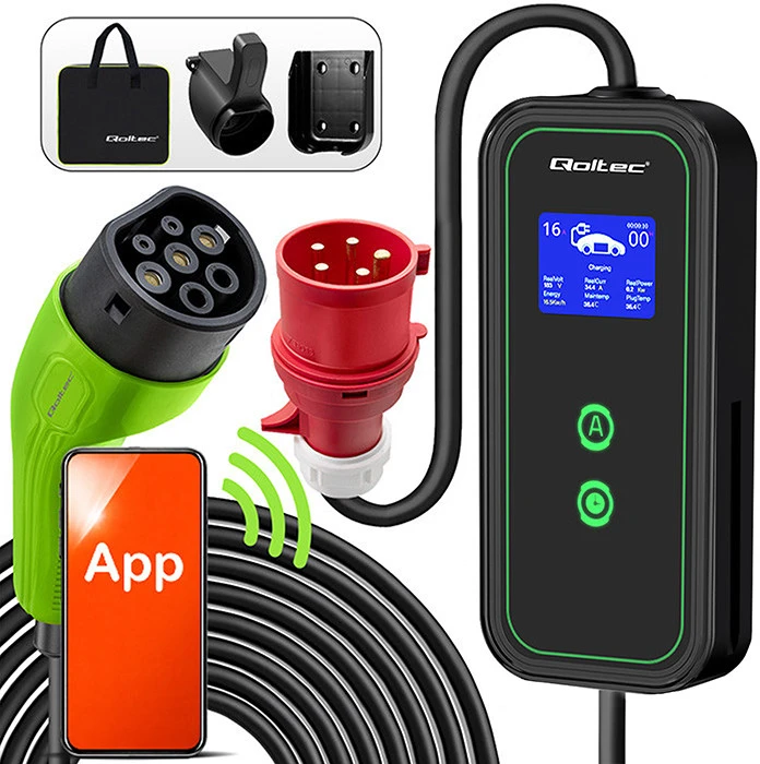 Qoltec mobilusis elektromobilių įkroviklis su 2 viename, 2 tipo reguliavimu | 7kW | 230V | CEE 3 kontaktų | „Wi-Fi“ | LCD | nešiojamas | sieninis įkroviklis | 5 m