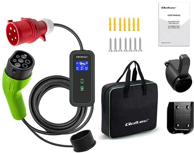 Qoltec mobilusis elektromobilių įkroviklis su 2 viename, 2 tipo reguliavimu | 7kW | 230V | CEE 3 kontaktų | „Wi-Fi“ | LCD | nešiojamas | sieninis įkroviklis | 5 m