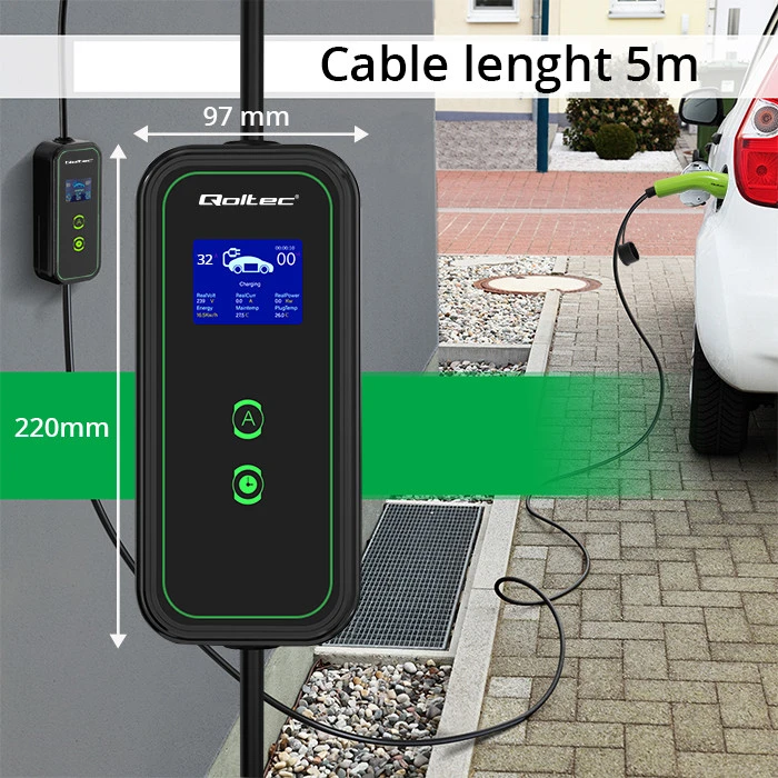 Qoltec mobilusis elektromobilių įkroviklis su 2 viename, 2 tipo reguliavimu | 7kW | 230V | CEE 3 kontaktų | „Wi-Fi“ | LCD | nešiojamas | sieninis įkroviklis | 5 m
