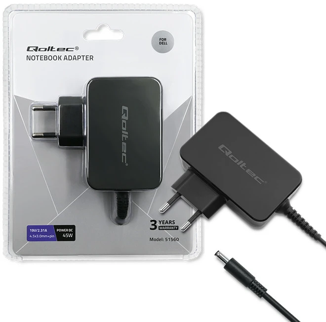 QOLTEC 51560 Nešiojamas kompiuteris AC power adapter Dell 45W 19.5V 2.31A 4.5 3.0+pin