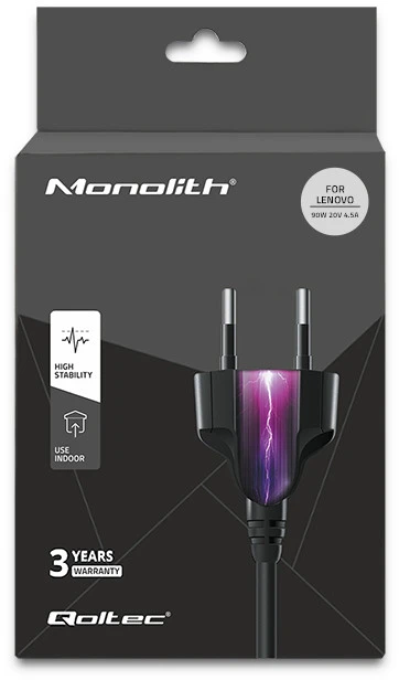 Qoltec 50054 maitinimo adapteris nešiojamam Lenovo  kompiuteriui 90 W | 20 V | 4,5 A | Slim tip+pin | su maitinimo laidu