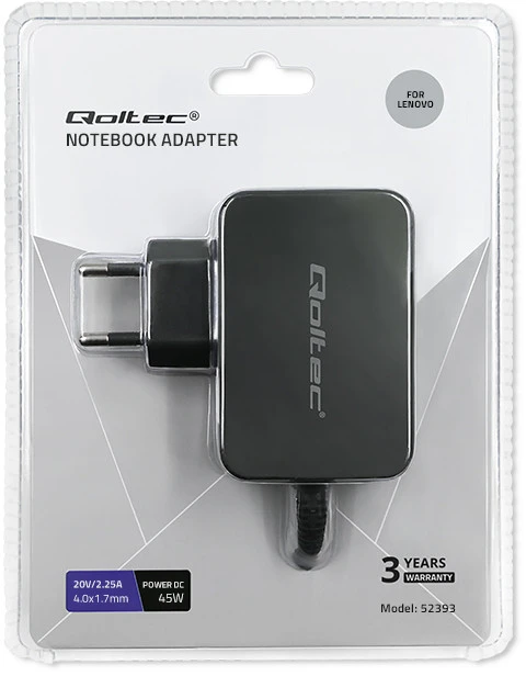QOLTEC 52393 Maitinimo adapteris, skirtas Lenovo 45W 20V 2.25A 4.0x1.7