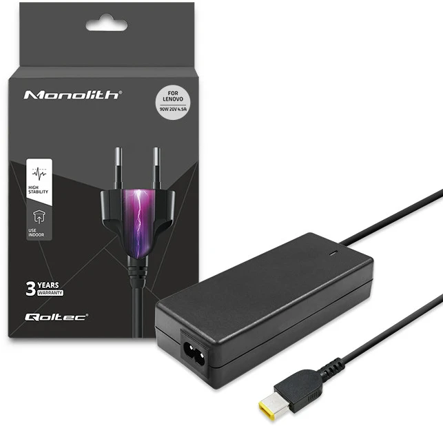 Qoltec 50054 maitinimo adapteris nešiojamam Lenovo  kompiuteriui 90 W | 20 V | 4,5 A | Slim tip+pin | su maitinimo laidu