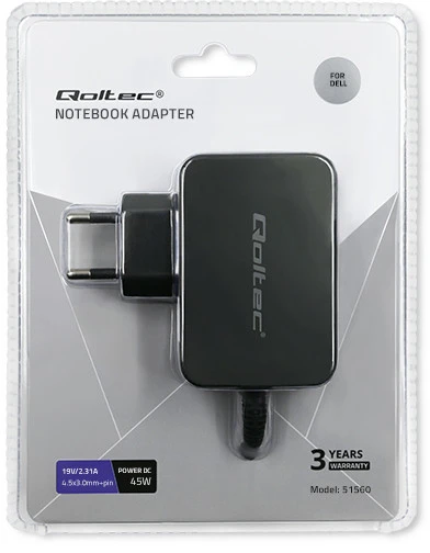 QOLTEC 51560 Nešiojamas kompiuteris AC power adapter Dell 45W 19.5V 2.31A 4.5 3.0+pin