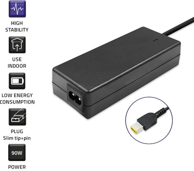Qoltec 50054 maitinimo adapteris nešiojamam Lenovo  kompiuteriui 90 W | 20 V | 4,5 A | Slim tip+pin | su maitinimo laidu
