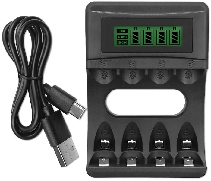 Qoltec Ni-MH AAA AA baterijų įkroviklis su LCD ir USB kabeliu