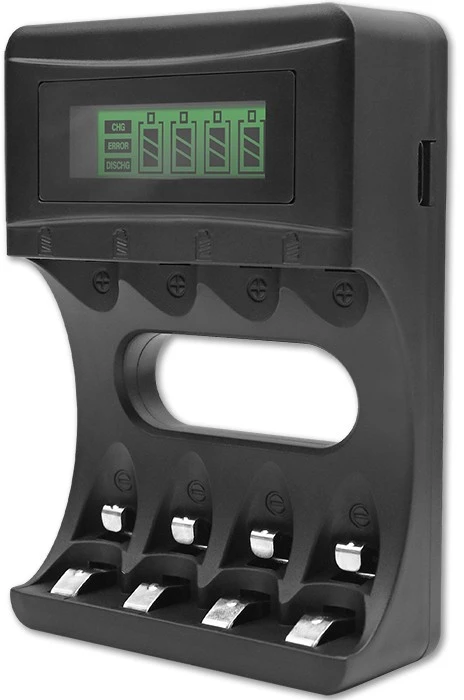 Qoltec Ni-MH AAA AA baterijų įkroviklis su LCD ir USB kabeliu