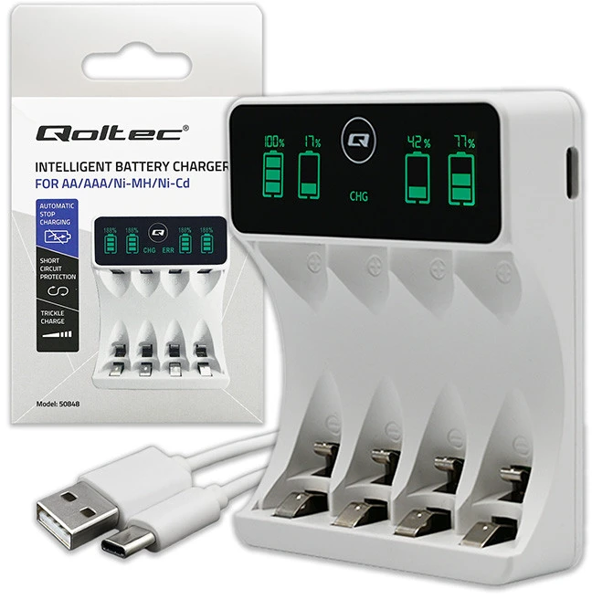 Ni-MH/Ni-Cd akumuliatorių įkroviklis – AA ir AAA – Qoltec 50848