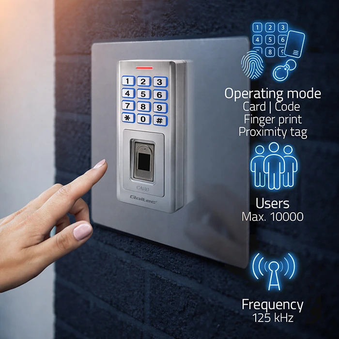 QOLTEC 52447 Kodinė spyna OBERON su pirštų atspaudų skaitytuvu RFID kodų kortelės rakto pakabukas durų skambutis IP68 EM