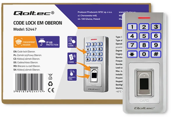 QOLTEC 52447 Kodinė spyna OBERON su pirštų atspaudų skaitytuvu RFID kodų kortelės rakto pakabukas durų skambutis IP68 EM