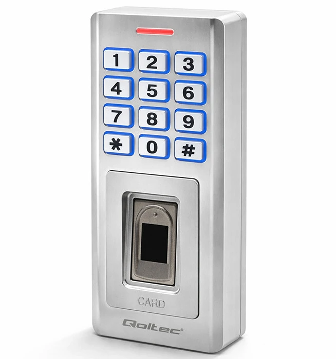 QOLTEC 52447 Kodinė spyna OBERON su pirštų atspaudų skaitytuvu RFID kodų kortelės rakto pakabukas durų skambutis IP68 EM