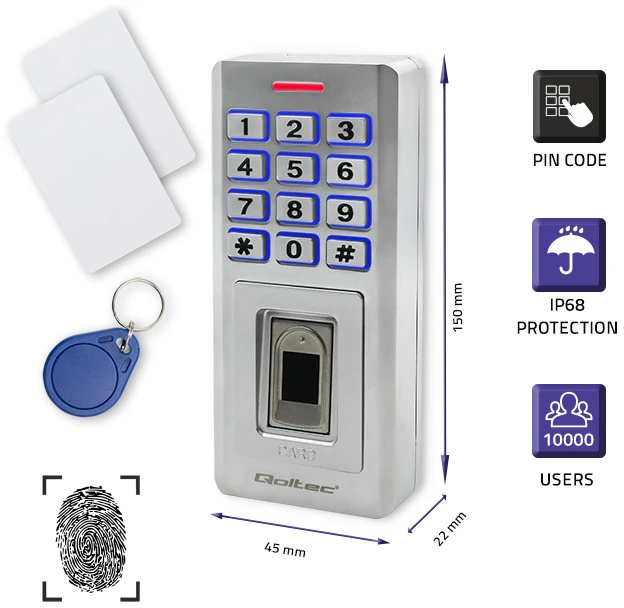 QOLTEC 52447 Kodinė spyna OBERON su pirštų atspaudų skaitytuvu RFID kodų kortelės rakto pakabukas durų skambutis IP68 EM