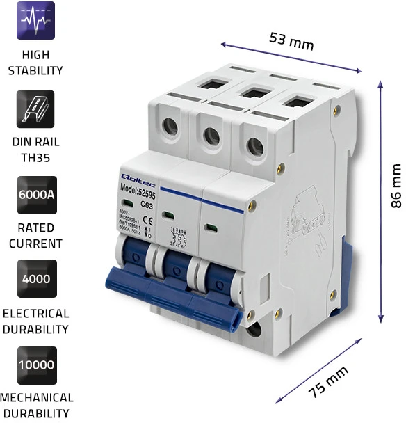 QOLTEC 52595 Viršsrovių grandinės pertraukiklis C63 / Saugiklis / AC / 63A / 3P