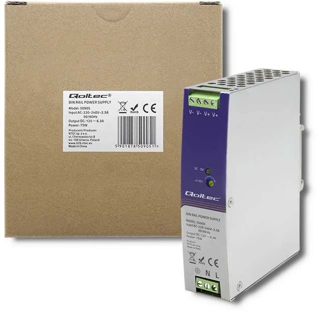 QOLTEC 50905 Pramoninis DIN bėgio maitinimo šaltinis 75W 12V 6.3A