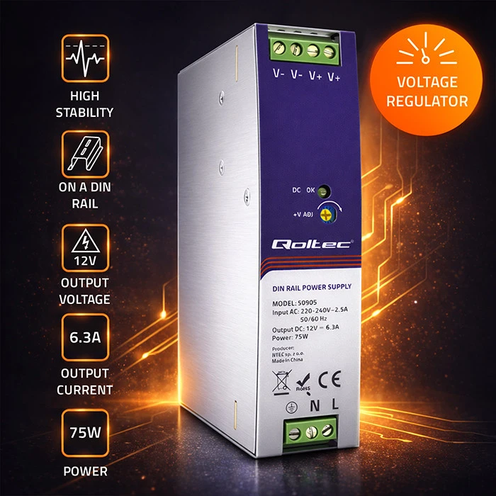 QOLTEC 50905 Pramoninis DIN bėgio maitinimo šaltinis 75W 12V 6.3A