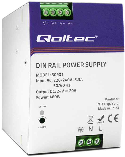 Qoltec pramoninis na szynę DIN | 480W | 24V | 20A