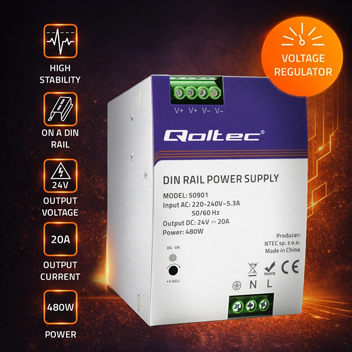 Qoltec pramoninis na szynę DIN | 480W | 24V | 20A