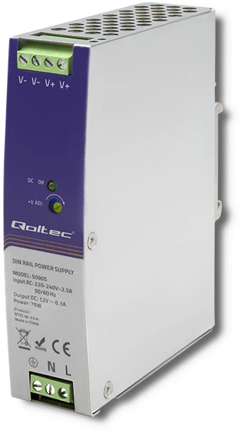 QOLTEC 50905 Pramoninis DIN bėgio maitinimo šaltinis 75W 12V 6.3A