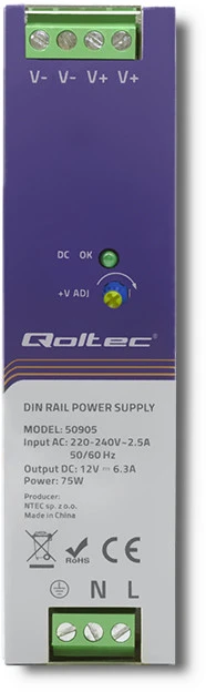 QOLTEC 50905 Pramoninis DIN bėgio maitinimo šaltinis 75W 12V 6.3A