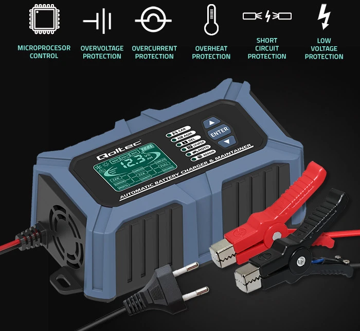 Qoltec Intelektualus mikroprocesorius kroviklis su akumuliatoriaus testeriu ir 12V remonto funkcija | 6A | LCD | AGM LiFePO4 GEL akumuliatoriaus įkroviklis