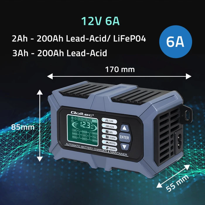Qoltec Intelektualus mikroprocesorius kroviklis su akumuliatoriaus testeriu ir 12V remonto funkcija | 6A | LCD | AGM LiFePO4 GEL akumuliatoriaus įkroviklis
