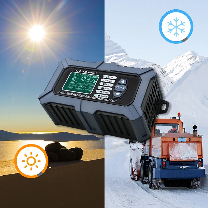 Qoltec Intelektualus mikroprocesorius kroviklis su akumuliatoriaus testeriu ir 12V remonto funkcija | 6A | LCD | AGM LiFePO4 GEL akumuliatoriaus įkroviklis