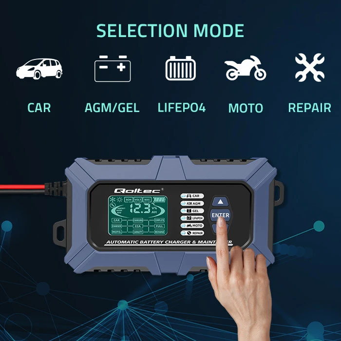 Qoltec Intelektualus mikroprocesorius kroviklis su akumuliatoriaus testeriu ir 12V remonto funkcija | 6A | LCD | AGM LiFePO4 GEL akumuliatoriaus įkroviklis