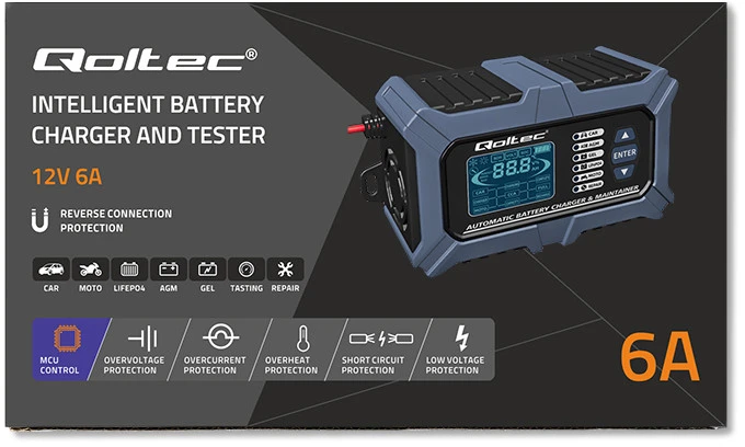Qoltec Intelektualus mikroprocesorius kroviklis su akumuliatoriaus testeriu ir 12V remonto funkcija | 6A | LCD | AGM LiFePO4 GEL akumuliatoriaus įkroviklis