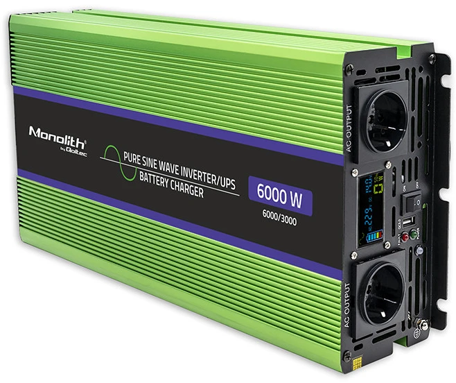 QOLTEC 51945 grynos sinusinės bangos keitiklis, monolitas / akumuliatoriaus įkroviklis / UPS / 6000 W / 3000 W / 12 V iki 230 V / LCD