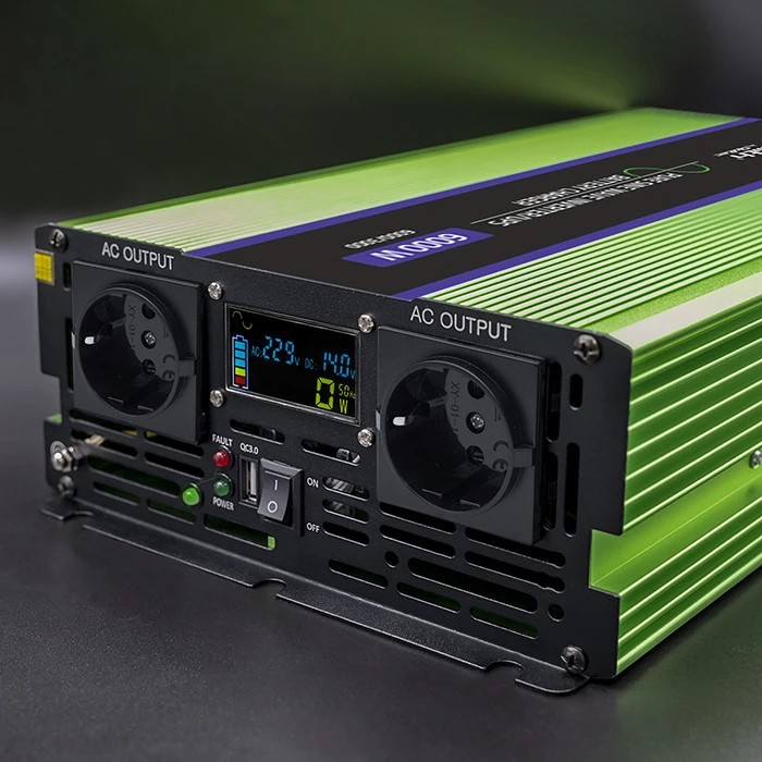 QOLTEC 51945 grynos sinusinės bangos keitiklis, monolitas / akumuliatoriaus įkroviklis / UPS / 6000 W / 3000 W / 12 V iki 230 V / LCD