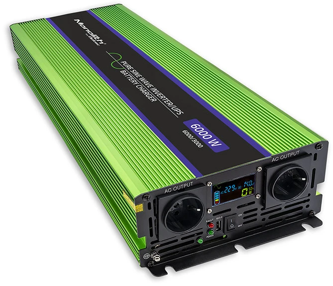 QOLTEC 51945 grynos sinusinės bangos keitiklis, monolitas / akumuliatoriaus įkroviklis / UPS / 6000 W / 3000 W / 12 V iki 230 V / LCD