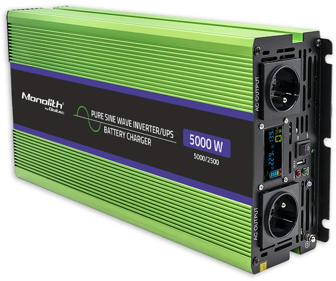 QOLTEC 51944 grynos sinusinės bangos inverteris, monolitas / akumuliatoriaus įkroviklis / UPS / 5000 W / 2500 / 12 V iki 230 V / LCD
