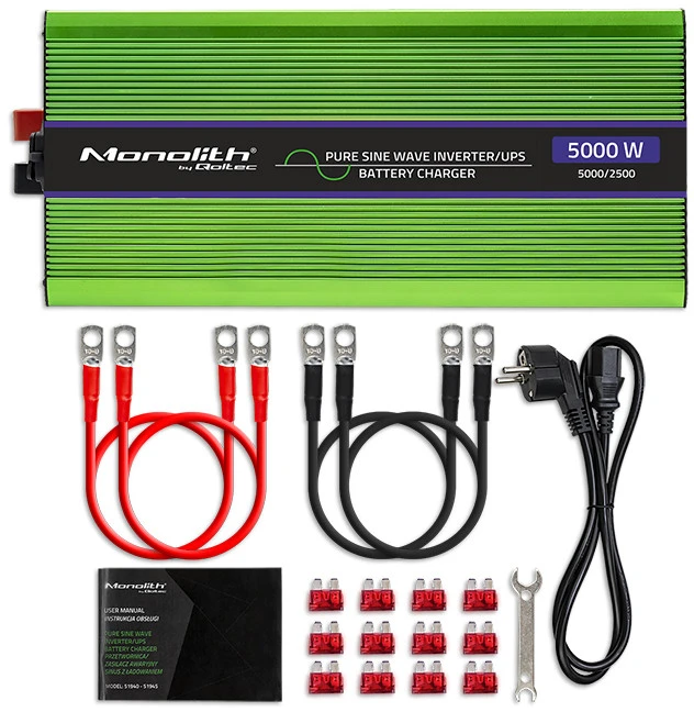 QOLTEC 51944 grynos sinusinės bangos inverteris, monolitas / akumuliatoriaus įkroviklis / UPS / 5000 W / 2500 / 12 V iki 230 V / LCD