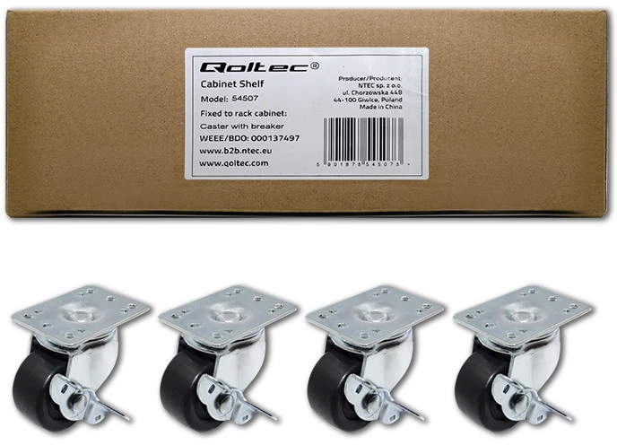 QOLTEC 54507 Ratukai su stabdžiu stelažams 19colių / 4vnt