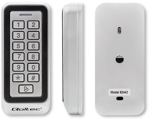 QOLTEC 52442 Kodinė spyna RHEA su RFID skaitytuvu Kodų kortelės rakto pakabukas Durų skambutis IP68 EM