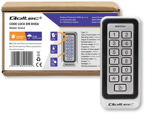 QOLTEC 52442 Kodinė spyna RHEA su RFID skaitytuvu Kodų kortelės rakto pakabukas Durų skambutis IP68 EM