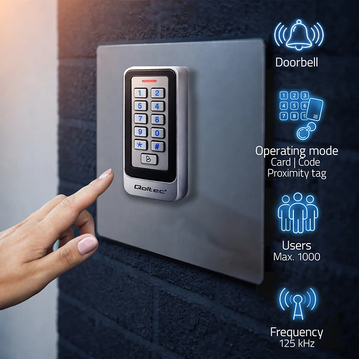 QOLTEC 52442 Kodinė spyna RHEA su RFID skaitytuvu Kodų kortelės rakto pakabukas Durų skambutis IP68 EM
