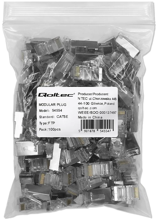 Kištukas jungtis modulinė rj45 cat5e ftp paauksuota kontaktai 100 vienetų Qoltec