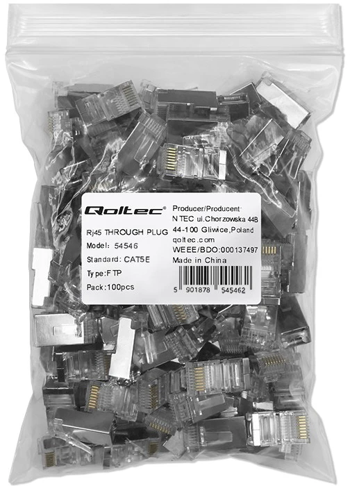 Kištukas jungtis rj45 cat5e ftp praėjimas per paauksuoti kontaktai 100 vienetų Qoltec