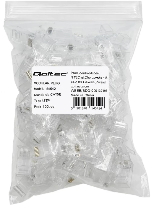 Kištukas jungtis rj45 cat5e utp praėjimas per paauksuoti kontaktai 100 vienetų Qoltec