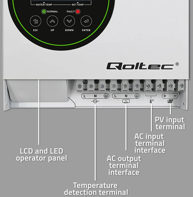 QOLTEC 53872 saulės inverteris vandens šildymui ECO Solar Boost MPPT BYPASS LCD 4kW