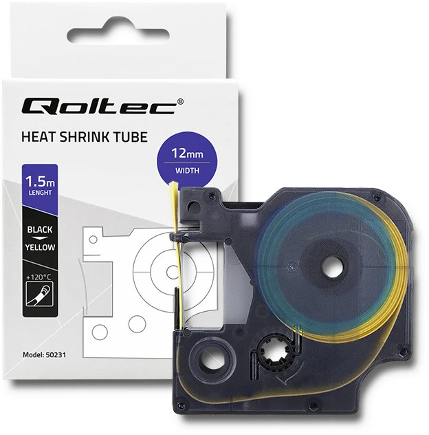 QOLTEC 50231 Heat shrink tube for DYMO D1/DM1 12mm x 1.5m Geltona Juodas overprint